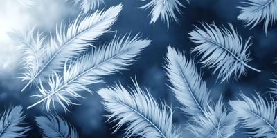 The primary subject of the image is a close-up of white feathers against a blue background. The visual style appears to be a digital art or illustration, as the feathers are depicted in a detailed and intricate manner. The colors and mood of the image are predominantly blue and white, creating a serene and calming atmosphere.