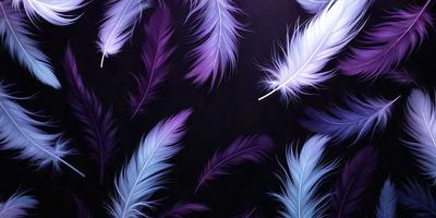 The primary subject of the image is a close-up of a purple and white feather. The setting is a dark background, which contrasts with the vibrant colors of the feather. The visual style is a combination of a photo and digital art, creating a unique and eye-catching image. The dominant colors are purple and white, giving the image a calming and serene atmosphere.