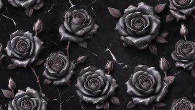 The primary subject of the image is a collection of black roses. They are arranged in a pattern on a black background, creating a striking visual effect. The setting appears to be a marble surface, which adds to the elegance of the scene. The visual style of the image is a combination of photo and digital art, resulting in a high-quality, detailed representation of the black roses. The colors and mood of the image are predominantly dark, with the black roses being the focal point, evoking a sense