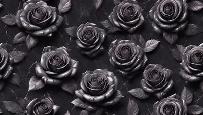 The primary subject of the image is a group of black roses. They are arranged in a pattern on a black background, creating a striking contrast. The visual style of the image is a combination of photo and digital art, giving it a unique and artistic appearance. The dominant colors in the image are black and grey, with the black roses being the focal point. The overall atmosphere of the image is elegant and sophisticated.