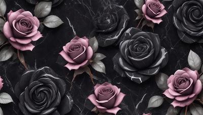 The primary subject of the image is a collection of purple and black roses. They are arranged in a pattern on a black background, creating a striking visual effect. The roses are the main focus of the image, and their vibrant colors and intricate details are emphasized. The overall atmosphere of the image is elegant and sophisticated, with the contrast between the roses and the black background drawing attention to the beauty of the flowers.
