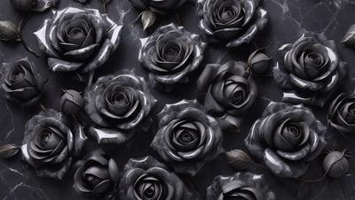 The primary subject of the image is a group of black roses. They are arranged in a visually appealing manner, creating a striking contrast against the dark background. The setting appears to be a black and white photograph, which adds to the dramatic and artistic nature of the scene. The visual style is a close-up of the roses, emphasizing their details and texture. The colors and mood of the image are predominantly dark, with the black roses being the focal point, evoking a sense of mystery