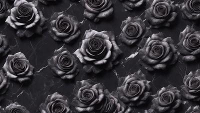 The primary subject of the image is a pattern of black and grey roses. The setting is a black background, which creates a striking contrast with the roses. The visual style is a combination of digital art and illustration, giving the image a modern and artistic appearance. The dominant colors are black and grey, creating a moody and dramatic atmosphere.