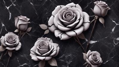 The primary subject of the image is a group of white roses. They are arranged in a vase and placed on a black marble surface. The setting appears to be a dark room, which adds a dramatic and moody atmosphere to the scene. The visual style of the image is a combination of photo and digital art, creating a realistic yet artistic representation of the roses. The colors and mood of the image are predominantly dark, with the white roses standing out as the main focal point.