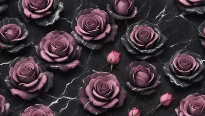The primary subject of the image is a group of purple roses. They are arranged in a visually appealing manner, with some roses placed on a black marble surface. The setting appears to be a dark room, which adds a dramatic and moody atmosphere to the scene. The visual style of the image is a combination of photography and digital art, creating a unique and artistic representation of the purple roses.