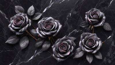 The primary subject of the image is a group of six black and white roses arranged on a black marble surface. The setting is a dark background, which contrasts with the roses, creating a dramatic and artistic effect. The visual style is a combination of photography and digital art, as the roses are depicted in a realistic manner while the black marble surface adds a touch of surrealism. The colors and mood of the image are predominantly dark and moody, with the black and white ros