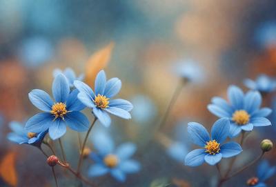 The primary subject of the image is a close-up of a blue flower with yellow centers. The setting is a garden, and the visual style is a photo. The dominant colors are blue and yellow, creating a calm and serene atmosphere.