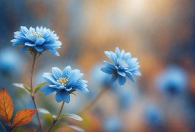 The primary subject of the image is a close-up of a blue flower with yellow centers, surrounded by a blue background. The visual style of the image is a photo, capturing the beauty of the flower in its natural environment. The colors and mood of the image are predominantly blue, creating a serene and calming atmosphere.