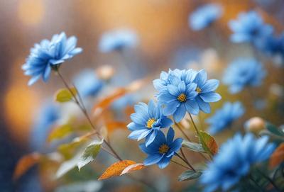 The primary subject of the image is a close-up of a blue flower with yellow centers, surrounded by other blue flowers. The setting is a garden, with the flowers blooming in the sunlight. The visual style is a photo, capturing the beauty of the flowers in their natural environment. The colors and mood of the image are predominantly blue, creating a serene and calming atmosphere.