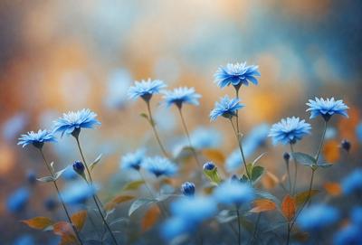 The primary subject of the image is a field of blue flowers, with a total of 11 flowers visible in the scene. The setting is a grassy area with a blue sky in the background. The visual style is a close-up of the flowers, showcasing their vibrant colors. The dominant colors in the image are blue and green, creating a serene and peaceful atmosphere.