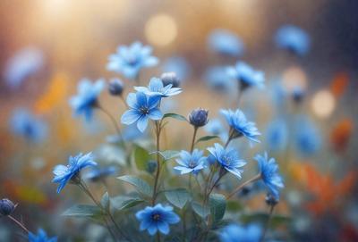 The primary subject of the image is a field of blue flowers, with a variety of blue and white flowers scattered throughout the scene. The setting is a grassy area with a mix of yellow and blue flowers, creating a vibrant and lively atmosphere. The visual style of the image is a close-up of the flowers, showcasing their beauty and details. The colors and mood of the image are predominantly blue and white, with a touch of yellow, giving the scene a serene and calming feel.
