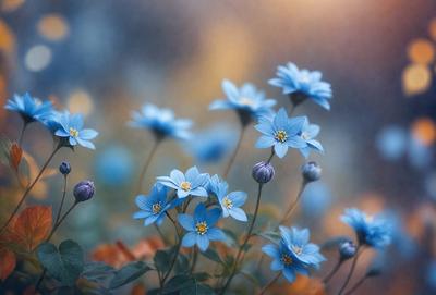 The primary subject of the image is a field of blue flowers, with a total of 13 flowers visible. The setting is a garden, and the visual style is a photo. The dominant colors in the image are blue and yellow, creating a serene and calming atmosphere.