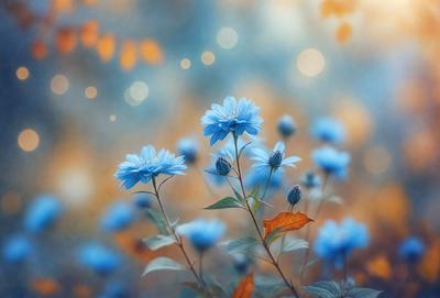 The primary subject of the image is a blue flower with a yellow center, surrounded by green leaves. The setting is a garden, with the flower blooming in the foreground. The visual style is a close-up of the flower, showcasing its details. The dominant colors are blue, green, and yellow, creating a serene and calming atmosphere.