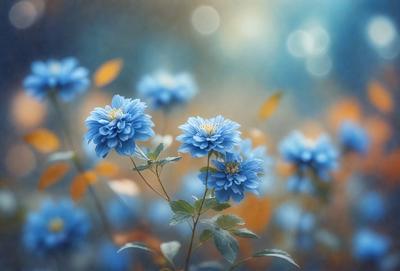 The primary subject of the image is a close-up of a blue flower with yellow pollen, surrounded by other blue flowers. The setting is a field with a blue background, and the visual style is a photo. The dominant colors are blue and yellow, creating a serene and calming atmosphere.