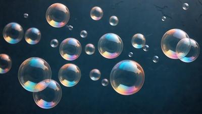 The primary subject of the image is a group of bubbles floating in a blue, dark-colored water. The setting appears to be underwater, with the bubbles forming a pattern. The visual style of the image is a close-up of the bubbles, showcasing their unique shapes and textures. The colors and mood of the image are predominantly dark and moody, with the blue water and the bubbles creating a sense of depth and mystery.