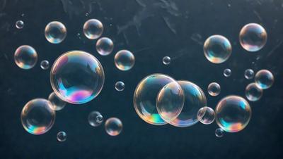 The primary subject of the image is a group of bubbles floating in the air. The setting is a dark blue background, which creates a contrasting and dramatic effect. The visual style is a combination of photo and digital art, as the bubbles appear to be floating on a blue surface. The colors and mood of the image are predominantly dark and moody, with the bubbles providing a touch of brightness and liveliness.