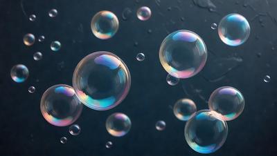 The primary subject of the image is a group of bubbles floating in a dark blue background. The bubbles are of various sizes and shapes, creating a visually interesting scene. The setting appears to be a dark, possibly underwater, environment, which adds to the overall mood of the image. The visual style of the image is a combination of photo and digital art, as it captures the essence of bubbles in a realistic yet artistic manner. The colors and mood of the image are predominantly