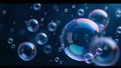 The primary subject of the image is a large, round, blue bubble with a white center. The bubble is surrounded by a few smaller bubbles, creating a visually appealing scene. The setting is a dark background, which contrasts with the bright blue and white bubble. The visual style of the image is a close-up of the bubble, emphasizing its unique shape and color. The colors and mood of the image are predominantly blue and white, giving it a calm and serene atmosphere.