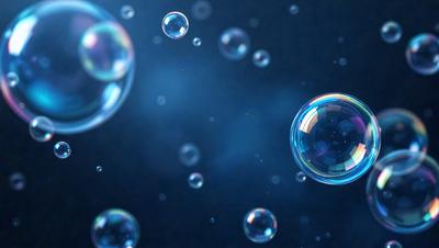 The primary subject of the image is a group of bubbles floating in a blue background. The setting appears to be a dark, starry night, creating a serene and peaceful atmosphere. The visual style of the image is a combination of photo and digital art, as it captures the beauty of the bubbles in a realistic yet artistic manner. The colors and mood of the image are predominantly blue, with the bubbles adding a touch of white and light blue, creating a sense of tranquility
