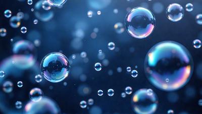 The primary subject of the image is a large number of bubbles floating in a blue background. The setting appears to be a dark, starry night, with the bubbles being the main focus of the scene. The visual style of the image is a combination of a photo and digital art, creating a unique and captivating atmosphere. The colors and mood of the image are predominantly blue, with the bubbles adding a touch of white and light blue.