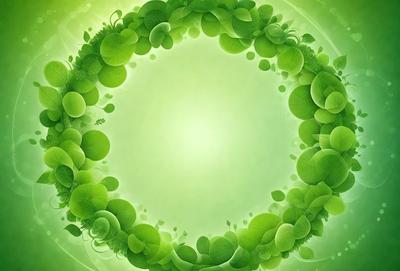 The primary subject of the image is a large, round, green circle with a variety of green leaves surrounding it. The circle appears to be a part of a larger, more complex design. The setting is a bright, lush green environment, which adds to the overall mood of the image. The visual style of the image is a combination of photo and digital art, creating a vibrant and engaging scene.