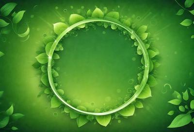The primary subject of the image is a green circle with a leaf design. The circle is placed on a green background, which creates a natural and vibrant atmosphere. The visual style of the image is a combination of digital art and illustration, giving it a unique and creative appearance. The colors and mood of the image are predominantly green, which adds to the overall sense of freshness and tranquility.
