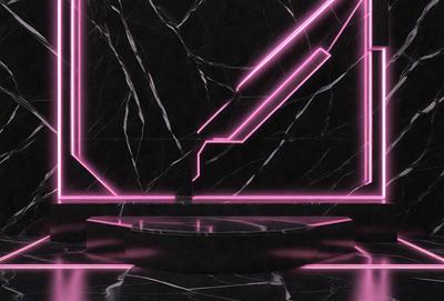 The primary subject of the image is a large, pink and black marble table. The table is situated in a room with a black and white marble wall, which adds a contrasting element to the scene. The visual style of the image is a combination of photo and digital art, creating a unique and eye-catching design. The dominant colors in the image are pink and black, giving the scene a bold and striking appearance.