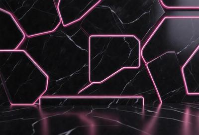 The primary subject of the image is a large, pink and black marble wall with a unique design. The setting is a room with a black and white marble floor. The visual style is a combination of digital art and illustration, creating a striking and modern appearance. The dominant colors are pink and black, giving the wall a bold and eye-catching appearance.