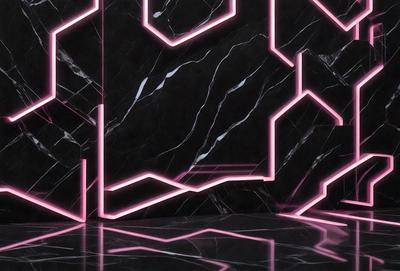 The primary subject of the image is a large, pink and black marble wall. The setting is a room with a black and white checkered floor. The visual style is a combination of digital art and illustration, creating a unique and eye-catching design. The dominant colors are pink and black, giving the wall a bold and striking appearance.