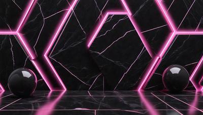 The primary subject of the image is a marble wall with a pink and black pattern. The setting is a room with a black and white checkered floor. The visual style is a combination of digital art and illustration. The dominant colors are pink and black, creating a bold and striking atmosphere.