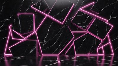 The primary subject of the image is a large, pink and black marble wall with a pattern of pink and black squares. The setting is a room with a black and white checkered floor. The visual style is a combination of digital art and illustration, creating a unique and eye-catching design. The colors and mood of the image are bold and vibrant, with the pink and black squares creating a striking contrast against the black and white checkered floor.