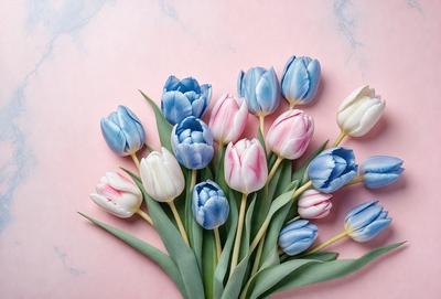 The primary subject of the image is a bouquet of blue and pink tulips. The setting is a pink background, which adds a contrasting color to the flowers. The visual style is a close-up of the flowers, showcasing their details and beauty. The colors and mood of the image are predominantly warm and vibrant, with the blue and pink tulips creating a sense of freshness and natural beauty.