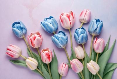 The primary subject of the image is a bouquet of colorful tulips. The bouquet consists of various shades of pink, red, blue, and white tulips. The setting is a purple background, which adds a contrasting and complementary color to the bouquet. The visual style of the image is a close-up, showcasing the details of the tulips. The colors and mood of the image are vibrant and cheerful, as the tulips are known for their bright