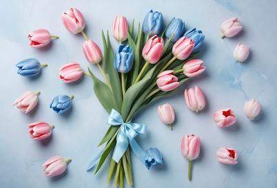 The primary subject of the image is a bouquet of tulips, which are the main objects in the scene. The bouquet is placed on a blue surface, which serves as the background. The visual style of the image is a photo, capturing the beauty of the tulips in their natural setting. The colors and mood of the image are predominantly blue and pink, creating a serene and calming atmosphere.
