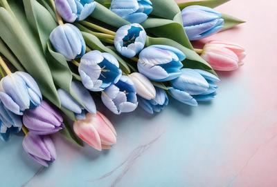 The primary subject of the image is a bouquet of tulips, which are the main objects in the scene. The setting is a table with a blue surface, and the visual style appears to be a photo. The colors and mood of the image are predominantly purple and blue, creating a calm and serene atmosphere.