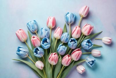 The primary subject of the image is a bouquet of colorful tulips. The bouquet is composed of various shades of blue, pink, and white tulips, creating a visually appealing and vibrant display. The setting is a blue background, which provides a contrasting and complementary color to the tulips. The visual style of the image is a close-up, allowing the viewer to appreciate the details and beauty of the tulips. The overall atmosphere of the image is cheerful and