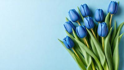 The primary subject of the image is a bouquet of blue tulips. The setting is a blue wall, which serves as the backdrop for the flowers. The visual style is a photo, capturing the beauty of the blue tulips in a close-up shot. The colors and mood of the image are predominantly blue, creating a serene and calming atmosphere.