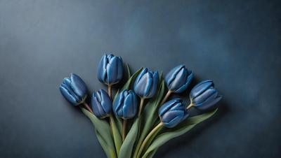 The primary subject of the image is a bouquet of blue tulips. The setting is a dark blue wall, which serves as the backdrop for the flowers. The visual style is a close-up of the flowers, showcasing their vibrant blue color. The overall atmosphere is serene and elegant, as the blue tulips are the main focus of the image.