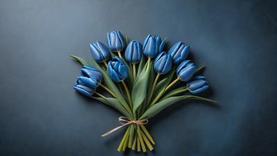The primary subject of the image is a bouquet of blue tulips. The setting is a dark blue background, which creates a striking contrast with the vibrant blue color of the tulips. The visual style is a close-up of the bouquet, showcasing the details of the flowers. The colors and mood of the image are predominantly blue, giving it a calm and serene atmosphere.
