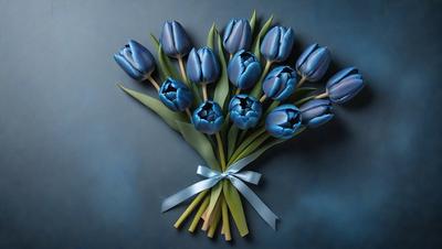 The primary subject of the image is a bouquet of blue tulips. The setting is a dark blue background, which creates a dramatic and moody atmosphere. The visual style is a close-up of the bouquet, showcasing the details of the flowers. The colors and mood of the image are predominantly dark and dramatic, with the blue tulips standing out against the contrasting background.