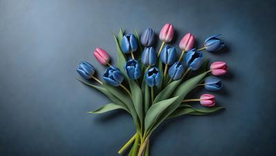 The primary subject of the image is a bouquet of blue and pink tulips. The setting is a blue wall, which serves as the backdrop for the flowers. The visual style is a close-up of the flowers, showcasing their vibrant colors and details. The overall atmosphere is one of beauty and freshness, as the flowers are displayed in a simple yet elegant manner.