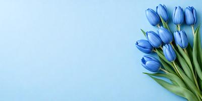 The primary subject of the image is a bouquet of blue flowers. The flowers are placed on a blue surface, which could be a wall or a table. The visual style of the image is a close-up of the flowers, showcasing their beauty and details. The colors and mood of the image are predominantly blue, creating a calm and serene atmosphere.
