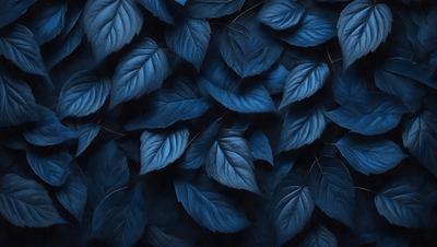 The primary subject of the image is a large blue leaf, which is the main object, scene, or focus of the image. The setting or background consists of a dark blue background, which creates a moody atmosphere. The visual style of the image is a close-up of the blue leaf, showcasing its intricate details. The colors and mood of the image are predominantly blue, giving it a calm and serene appearance.
