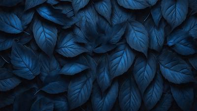 The primary subject of the image is a large blue leaf pattern. The setting is a blue background, which creates a visually striking contrast with the leaf pattern. The visual style is a combination of a photo and digital art, as the leaf pattern appears to be a digital creation. The dominant colors are blue and green, creating a calm and serene atmosphere.