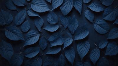 The primary subject of the image is a large number of blue leaves arranged in a pattern. The leaves are spread across the entire image, covering the entire background. The visual style of the image is a close-up of the blue leaves, creating a sense of depth and detail. The colors and mood of the image are predominantly blue, giving it a calm and serene atmosphere.
