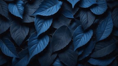 The primary subject of the image is a large group of blue leaves, which are the main objects in the scene. The leaves are arranged in a pattern, creating a visually appealing and cohesive design. The setting is a dark background, which contrasts with the vibrant blue leaves, emphasizing their color and texture. The visual style of the image is a close-up of the leaves, showcasing their intricate details and patterns. The overall atmosphere of the image is serene and calming, with the blue leaves