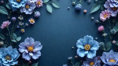 The primary subject of the image is a close-up of a blue wall with a pattern of purple flowers. The setting is a room with a blue background, and the visual style appears to be a photo. The dominant colors are blue and purple, creating a calm and serene atmosphere.