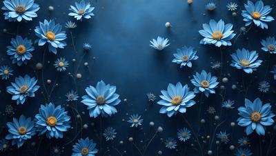 The primary subject of the image is a blue background with a pattern of yellow flowers. The setting is a wall, and the visual style is a painting. The dominant colors are blue and yellow, creating a calm and serene atmosphere.