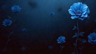The primary subject of the image is a blue flower, which is the main focus of the scene. The setting is a dark background, which creates a dramatic and moody atmosphere. The visual style of the image is a digital art or illustration, as it appears to be a carefully crafted and detailed representation of the flower. The colors and mood of the image are predominantly blue, which adds to the overall sense of calmness and tranquility.