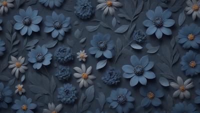 The primary subject of the image is a blue floral pattern, featuring a variety of blue flowers. The setting is a dark blue background, which contrasts with the vibrant blue flowers. The visual style is a combination of digital art and illustration, creating a unique and eye-catching design. The dominant colors are blue, with the flowers being the main focus, and the overall atmosphere is calm and serene.